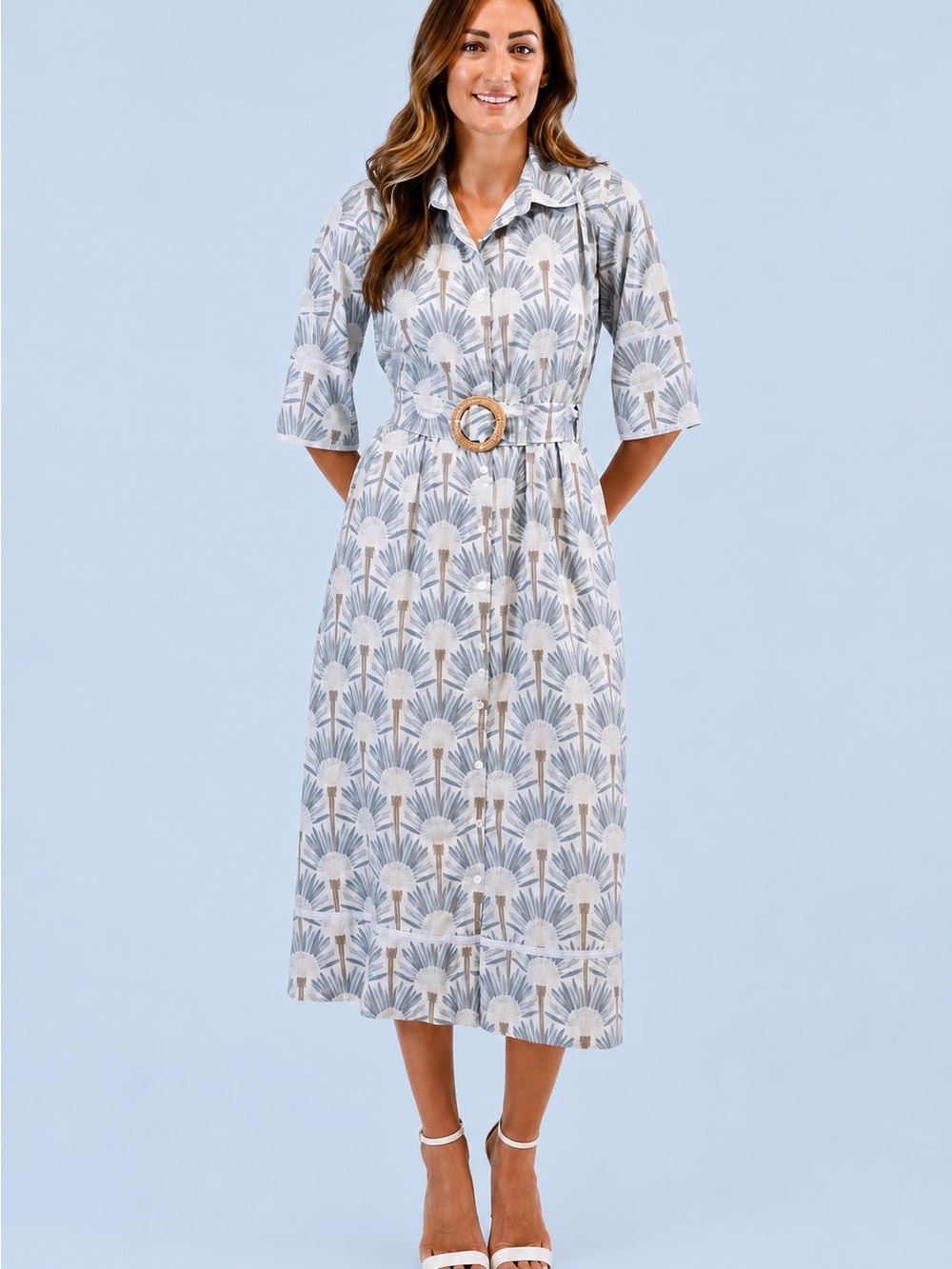 Marigold by Victoria Dunn Blue and Cream Printed Midi Dress with Belt